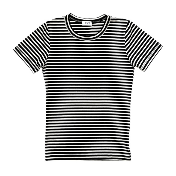 NWOT LESET Striped Slim Fit Tee Shirt - Black/ Off White - Small - Picture 1 of 5